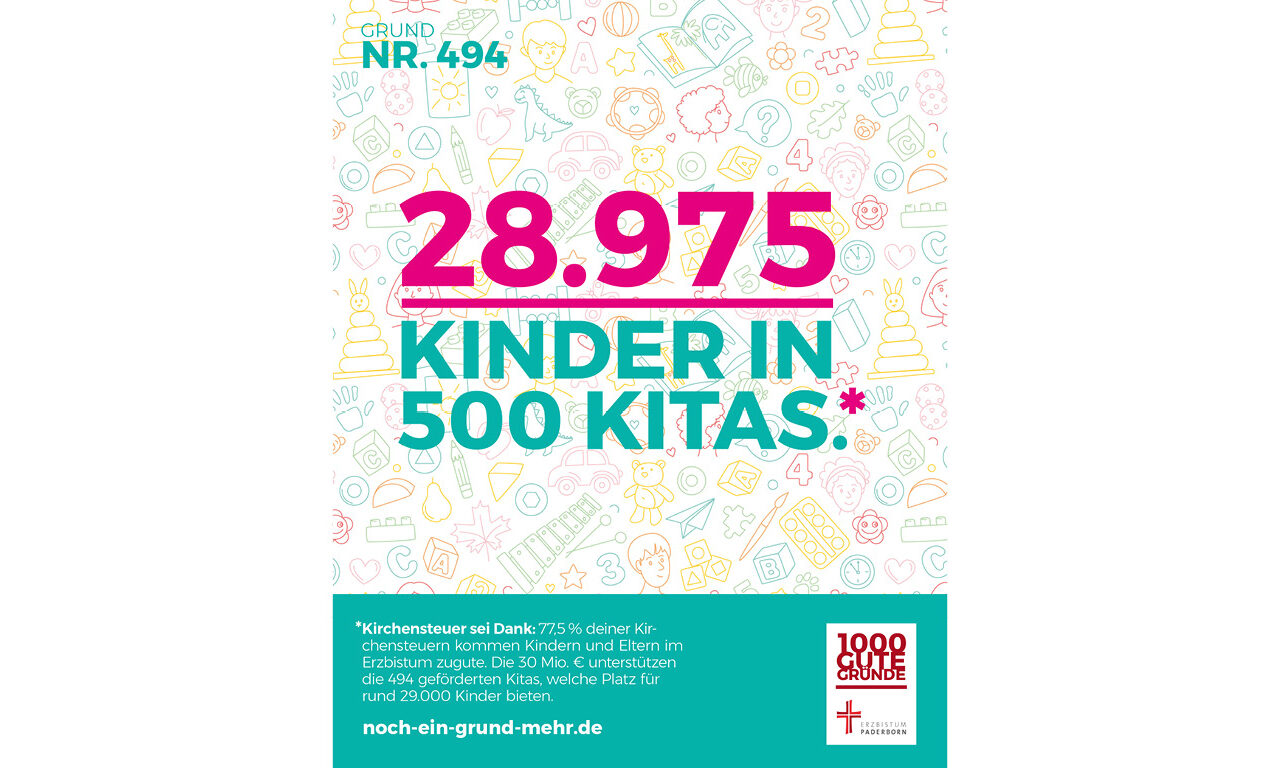 Spielzeug-Wimmel-Hintergrund mit Text: 28.975 Kinder in 500 Kitas.