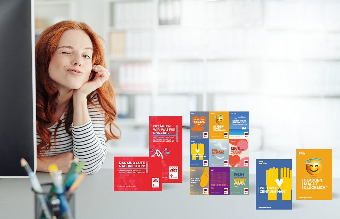 Materialien für einen Infostand zur Initiative 1000 gute Gründe: Broschüren, Aufkleber und Postkarten